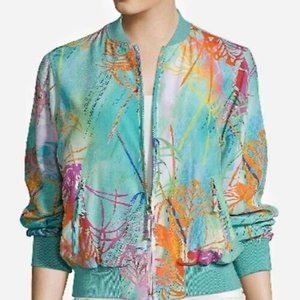 Robert Graham Silk Turquoise Multicolor Floral Bomber Jacket